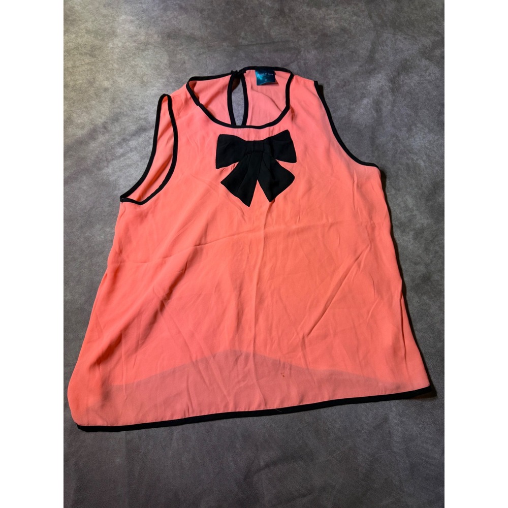 Color of Love Coral Pink Sleeveless Chiffon Blouse Black Bow Accent Small